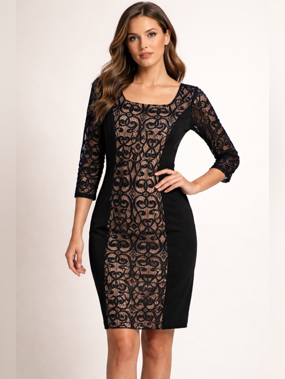 Adrianna Papell Black Lace-Overlay Sheath Dress with Nude Lining